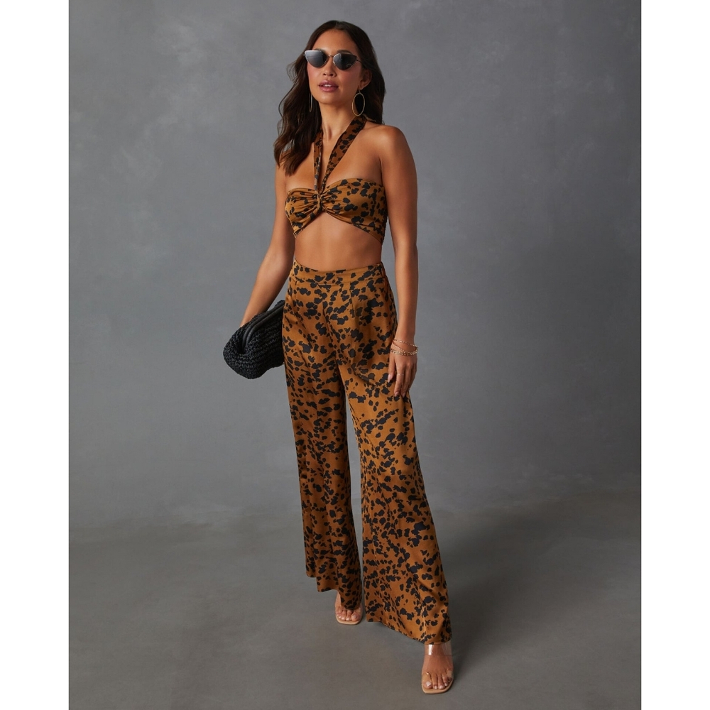 . Vici Brown & Black Leopard Print High Waist Wide Leg Trouser Pants - Picture 4 of 7